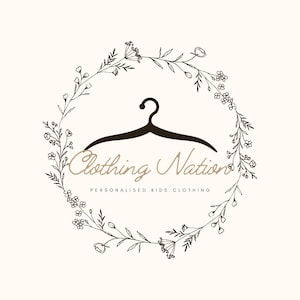 a logo for a clothing brand called "Clothing Nation". The logo consists of a hanger silhouette within a wreath-like design, surrounded by floral elements. The text "Clothing Nation" is written in a cursive font, and "Personalised Kids Clothing" is written below the hanger.