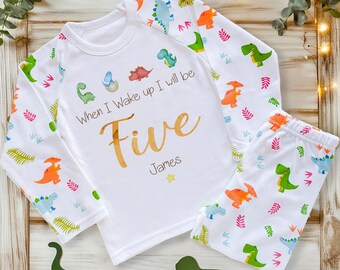 Personalised 5th Birthday Pyjamas, Dinosaur Kids PJ Set, Five Year Old Boy Gift