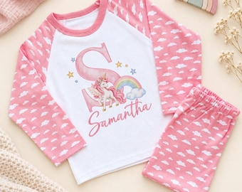 Personalised Unicorn Initial Name Pyjamas for Girls in Pink Cloud Print