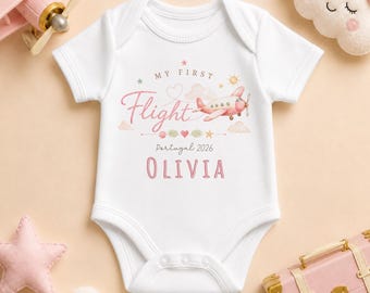 Personalised My First Flight Baby Bodysuit, Pink Plane Vest with Name, Destination and Year