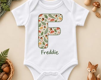 Personalised Woodland Baby Bodysuit, Mushroom and Acorn Initial with Name