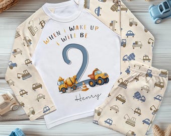 Personalised 2nd Birthday Pyjamas, Construction Boy PJ Set, Two Year Old Gift