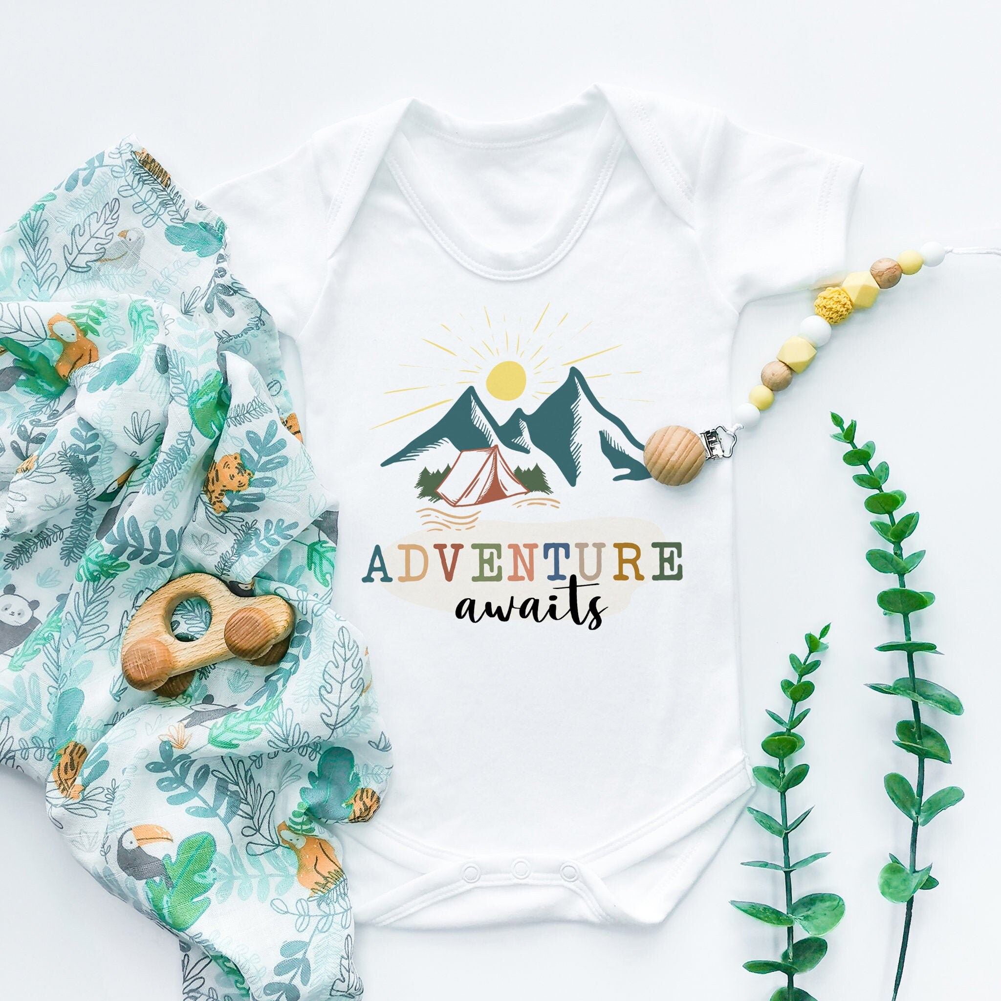 Adventure Awaits Baby Onesie Explore Baby Bodysuit Cute Modern Baby Onesie Summer Gift Camping Camper Mountains Children Holiday Baby Grow