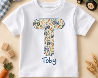 Personalised Farm Tractor T-Shirt for Kids, Patterned Initial with Name