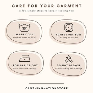 The image is a care guide for a garment, providing instructions on how to properly care for the clothing to maintain its appearance and quality.