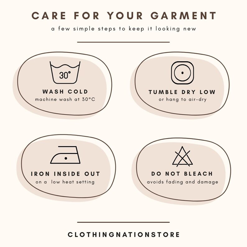 The image is a care guide for a garment, providing instructions on how to properly care for the clothing to maintain its appearance and quality.