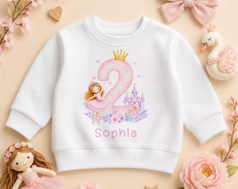 Personalised 2nd Birthday Princess Sweatshirt, Pink Number Two and Castle Toddler Jumper with Name