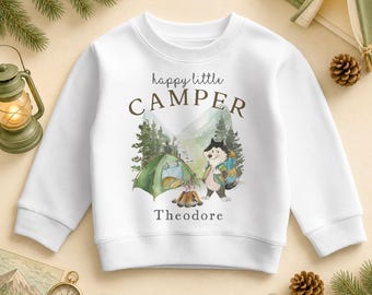 Personalised Happy Little Camper Sweatshirt for Kids, Husky and Tent