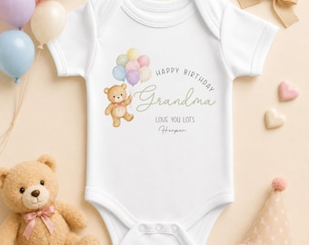 Body personalizado de bebé "Feliz Cumpleaños Abuela", chaleco de bebé con diseño de globo y osito de peluche "Te quiero mucho"