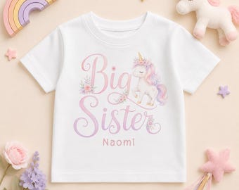 Personalised Big Sister or Little Sister Unicorn T-Shirt for Kids