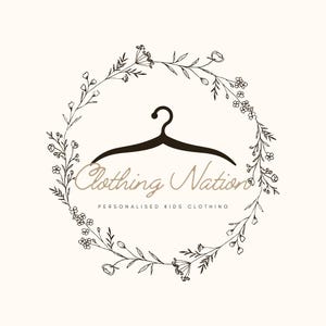 a logo for a clothing brand called "Clothing Nation". The logo consists of a hanger silhouette within a wreath-like design, surrounded by floral elements. The text "Clothing Nation" is written in a cursive font, and "Personalised Kids Clothing" is written below the hanger.