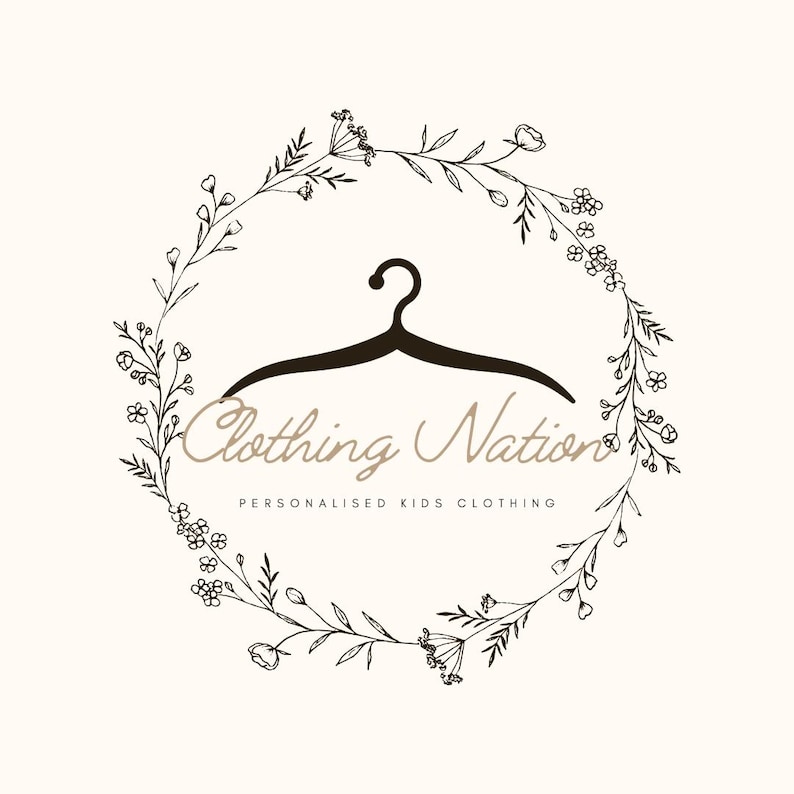 a logo for a clothing brand called "Clothing Nation". The logo consists of a hanger silhouette within a wreath-like design, surrounded by floral elements. The text "Clothing Nation" is written in a cursive font, and "Personalised Kids Clothing" is written below the hanger.
