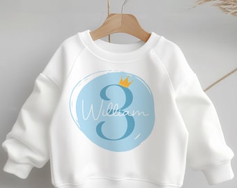Sudadera personalizada para el tercer cumpleaños, jersey azul con número y corona para niño, regalo de fiesta con nombre personalizado