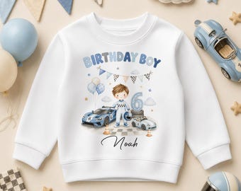 Personalised 6th Birthday Racing Car Sweatshirt for Kids, Blue Cars
