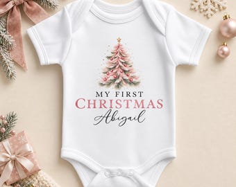 Baby First Christmas Outfit, Pink Tree Baby Girl Vest with Name and Gold Star