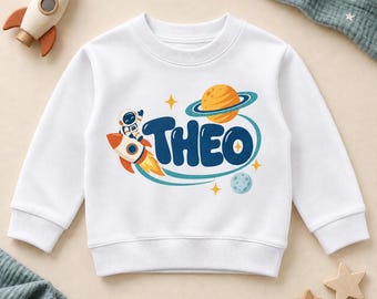 Personalised Name Sweatshirt with Colourful Planets, Rocket and Orbit, Kids Space Jumper