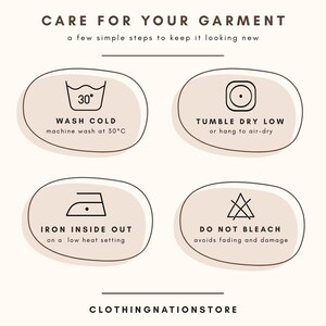 The image is a care guide for a garment, providing instructions on how to properly care for the clothing to maintain its appearance and quality.