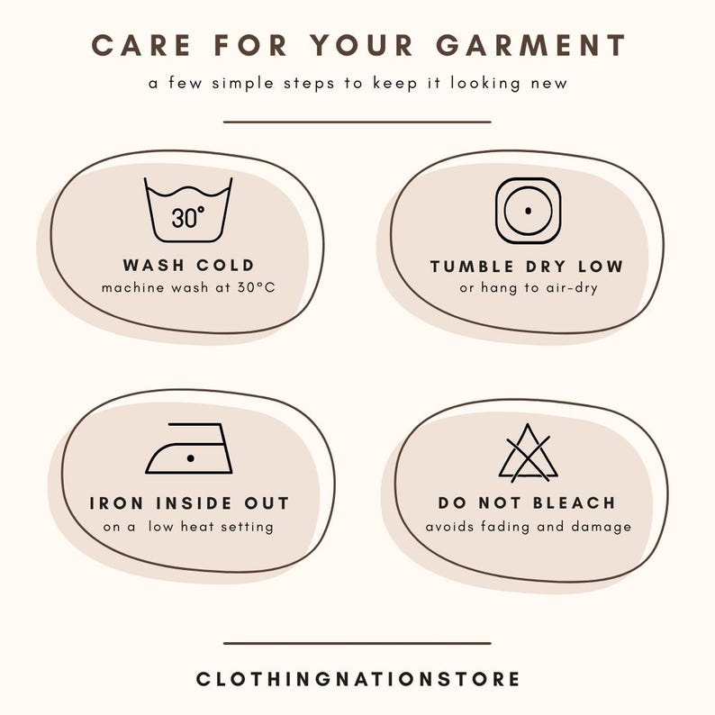 The image is a care guide for a garment, providing instructions on how to properly care for the clothing to maintain its appearance and quality.
