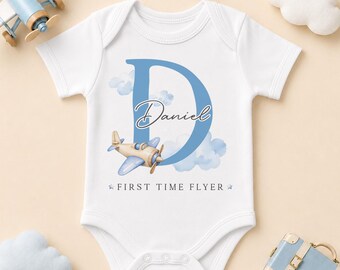 Personalised First Time Flyer Baby Bodysuit, Blue Biplane Initial and Name Aeroplane Vest