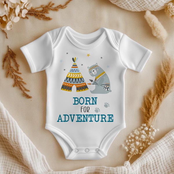 Baby Bodysuit, Teddy Bear Born For Adventure Pregnancy Onesie, Reveal Gift