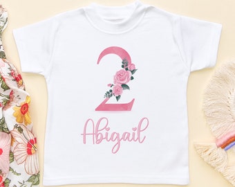 2nd Birthday Girl Personalised Kids Shirt - Custom Second Birthday Floral Toddler Tee - Floral Pink Theme Tshirt Gift