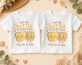 Personalised Twin Set of Two T-Shirts, Butter Together Toast Matching Kids Tops with Both Names