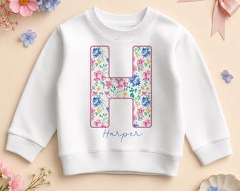Personalised Name Kids Sweatshirt, Floral Initial Girls Jumper, Custom Toddler Flower Sweater