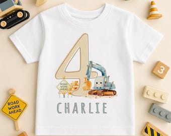 Personalised 4th Birthday Digger T-Shirt with Name, Blue Excavator and Number Four Kids Top