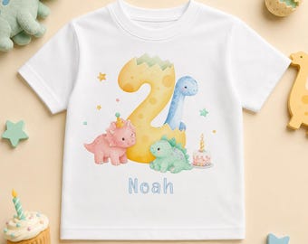 Personalised 2nd Birthday Name T-Shirt, Pastel Dinosaurs and Yellow Number Two Toddler Tee