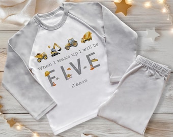 Personalised 5th Birthday Pyjamas, Construction Kids PJ Set, Five Year Old Gift