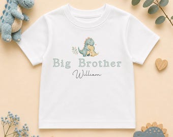 Personalised Sage Green Dino T-Shirt, Big Brother or Little Brother Name Sibling Tee