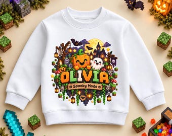 Personalised Pixel Art Halloween Pumpkin and Ghost Sweatshirt for Kids