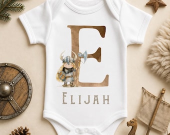 Personalised Viking Initial Baby Bodysuit with Name, Brown Letter Monogram Norse Newborn Vest