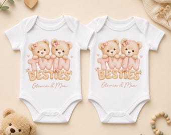 Personalised Twin Besties Baby Bodysuit Set of Two, Teddy Bear Twins Vests with Both Names