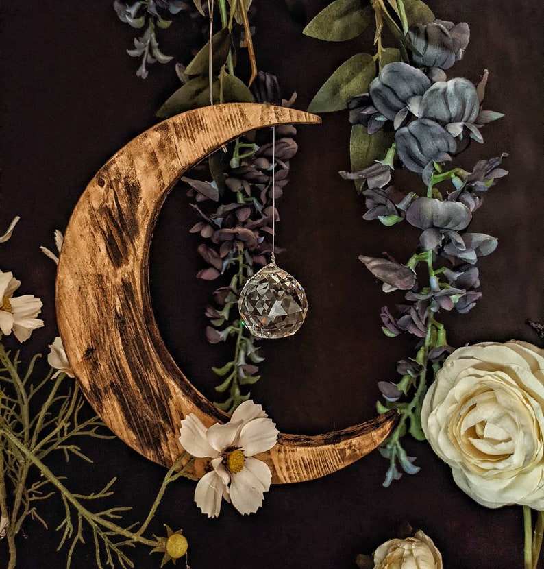 Suncatcher With Wooden Moon / Wooden Moon Wall Decor / Etsy