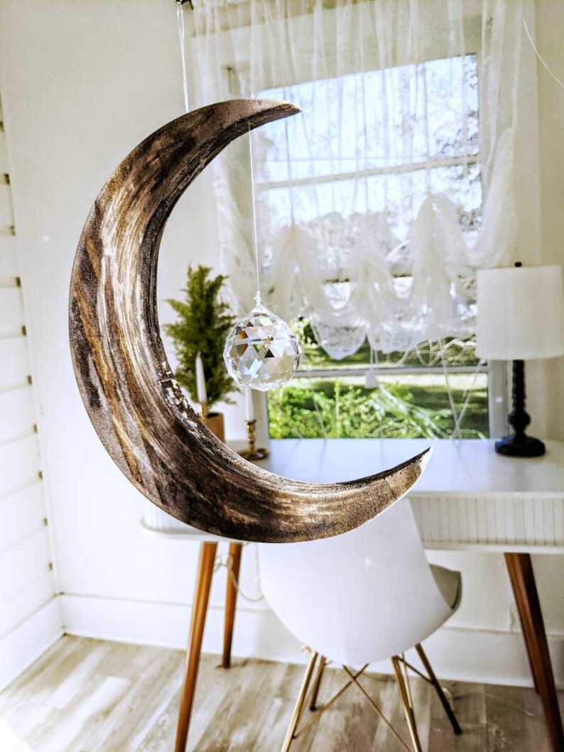 Suncatcher With Wooden Moon / Wooden Moon Wall Decor / Etsy