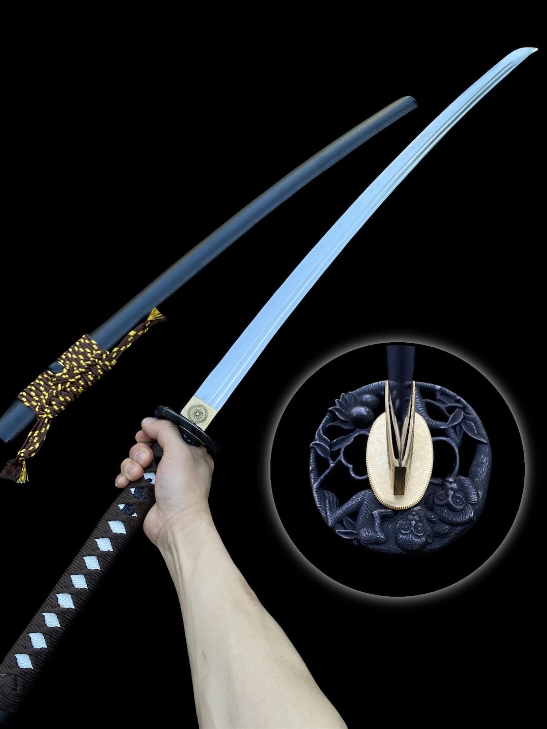 Hamdmade Japanese Katana Monkey Sculpture Brass Tsuba Katana