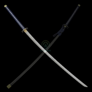 Może przedstawiać: Dwa skrzyżowane miecze katana na czarnym tle. Jeden miecz ma niebiesko-białą rękojeść, drugi czarną. Ostrza są srebrne z teksturowanym wzorem. Miecze są ustawione pod kątem, tworząc kształt litery X.