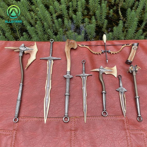 Handmade Skyrim 1/6 Scale Dragon Bone Weapon Miniatures 8 in 1 Pack Dragon Bone Sword Axe War Hammer Bow Miniature All In One