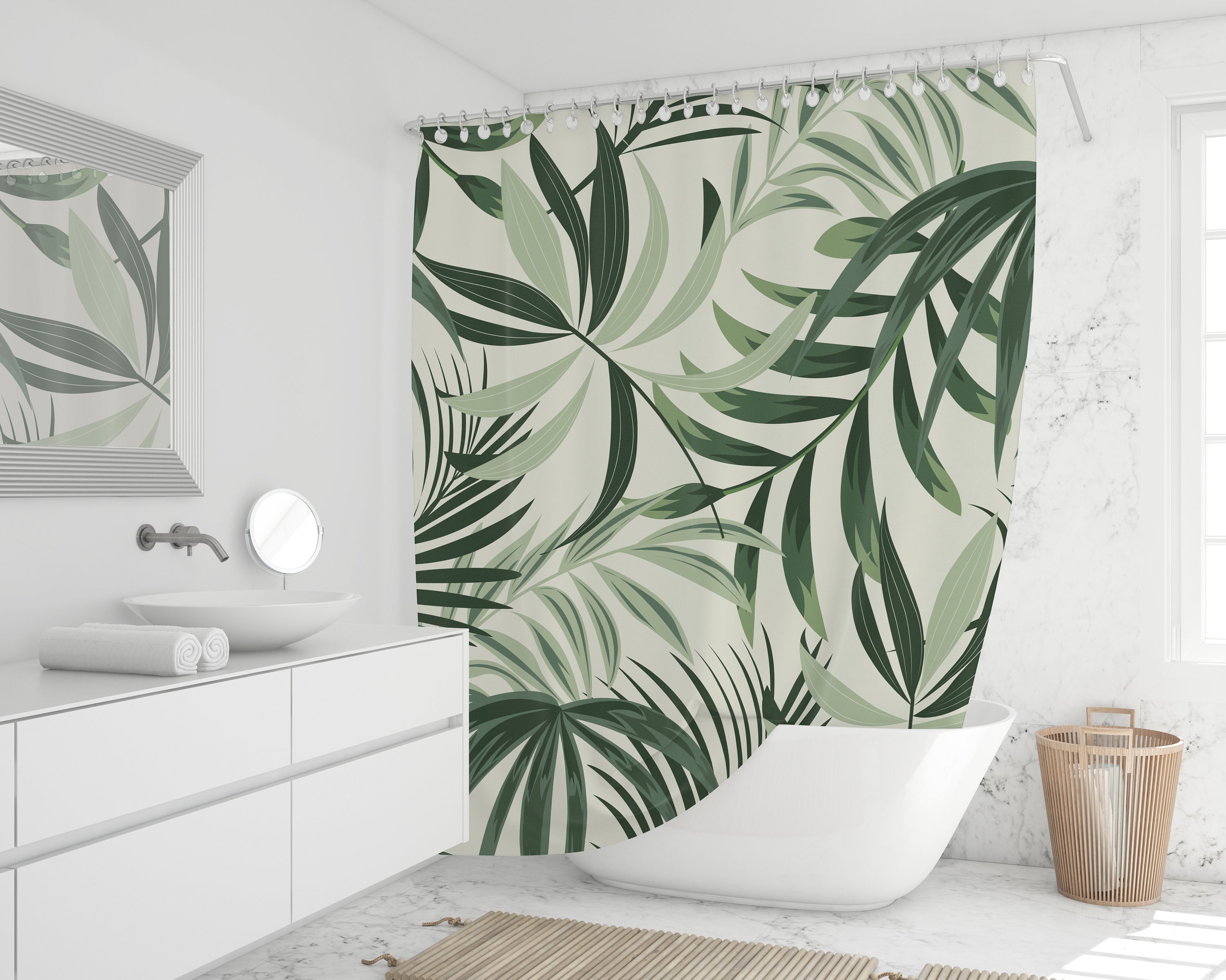 Tropical shower curtain green palm bathroom decoration Etsy
