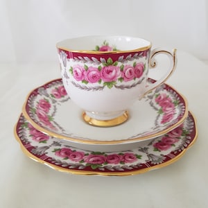 Roslyn China tea cup trio Buckingham 1950s English bone china vintage china tea party pink roses
