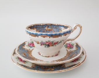 Foley Bone China tea cup trio Montrose pattern English bone china vintage tea ware blue colourway