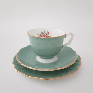 Sage Green Athol Bone China Teacup Trio, Pink Roses, Crocus Shape, Aynsley Partnership