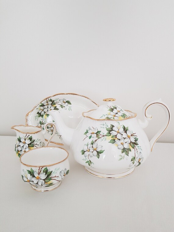 Royal Albert Teapot Set White Dogwood 1940s Large Teapot Creamer 