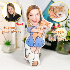 Aangepaste huisdiereigenaar en huisdier fotokussen, gepersonaliseerde foto op pluche pop, herdenkingscadeau voor hondenliefhebbers, zacht knuffelbaar aandenkenkussen
