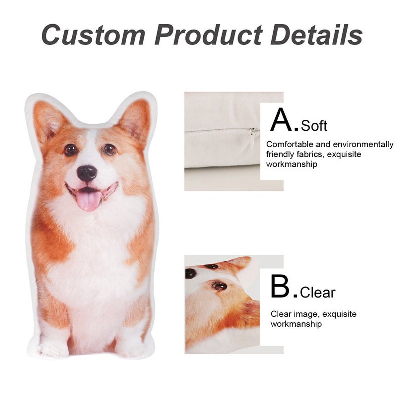 May include: A custom-made plush pillow featuring a corgi dog. The pillow is made of soft, environmentally friendly fabric and has a clear image of the dog. The pillow is shown in two different views, one showing the front and the other showing the back.