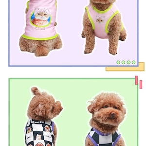 May include: Two brown dogs wearing pink and black and white tank tops with graphic prints. The pink tank top has a cat wearing a pig nose and the text "NY HI". The black and white tank top has a checkered pattern with a cat, a dog, and a pig graphic and the text "Plunlu", "cute", and "clever".