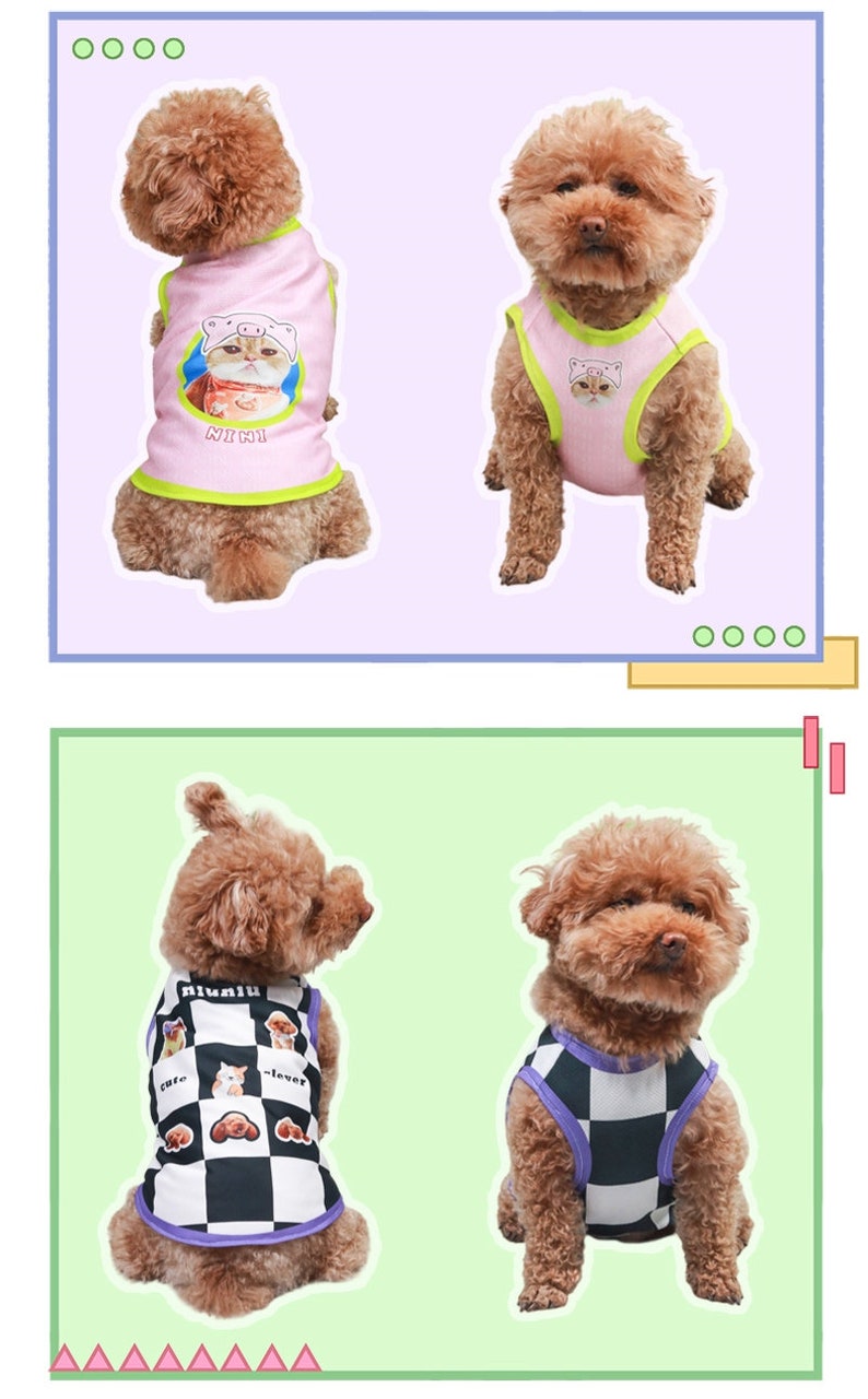 May include: Two brown dogs wearing pink and black and white tank tops with graphic prints. The pink tank top has a cat wearing a pig nose and the text "NY HI". The black and white tank top has a checkered pattern with a cat, a dog, and a pig graphic and the text "Plunlu", "cute", and "clever".