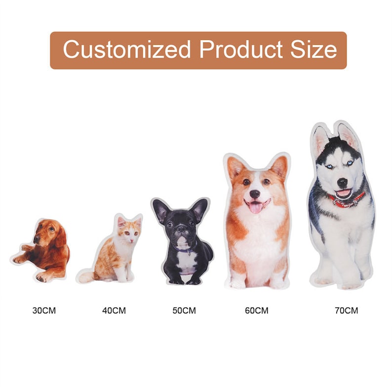 May include: Five different sizes of custom pet pillows, ranging from 30 cm to 70 cm. The pillows feature images of a dog, cat, and three different dog breeds.  The pillows are white with a soft, plush texture.