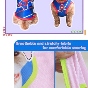 May include: A blue and red dog vest with a Spiderman graphic. The vest is made of a breathable and stretchy fabric. The fabric is pink and has a green trim.